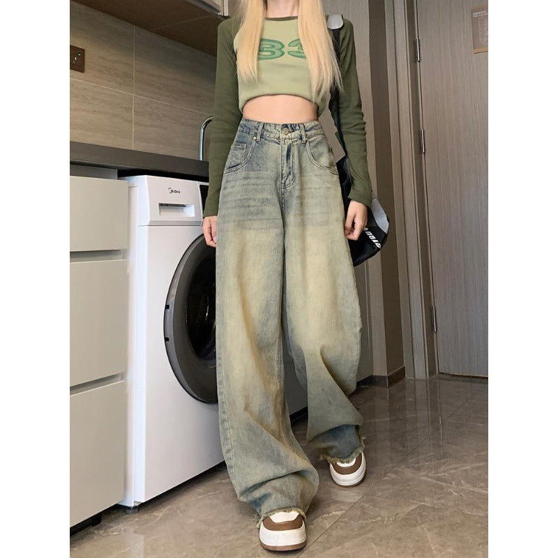 Washed Daze – Grunge-Dyed Wide Leg Denim Retro Blue Distressed Wide-leg Jeans For Women