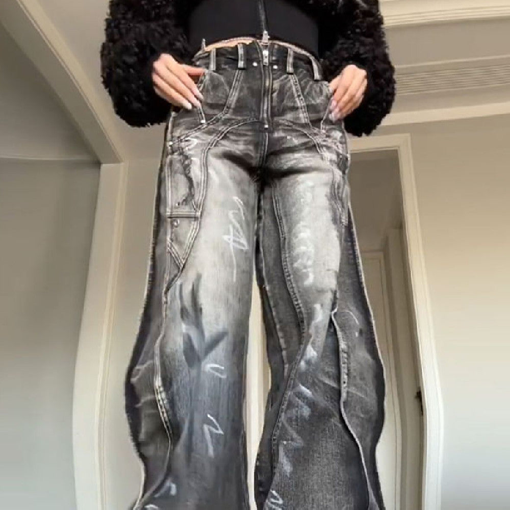 Y2K Black Acid-Wash Wide-Leg Jeans – Streetwear Baggy Grunge Denim American-style Plus Size Washed Graffiti Jeans For Women
