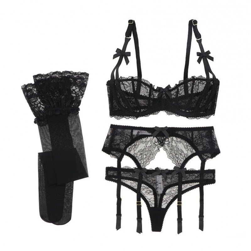 Sheer Lace Lingerie Set with Garter Belt & Stockings - Multiple Colors Half Cup Lace Bra Set Women