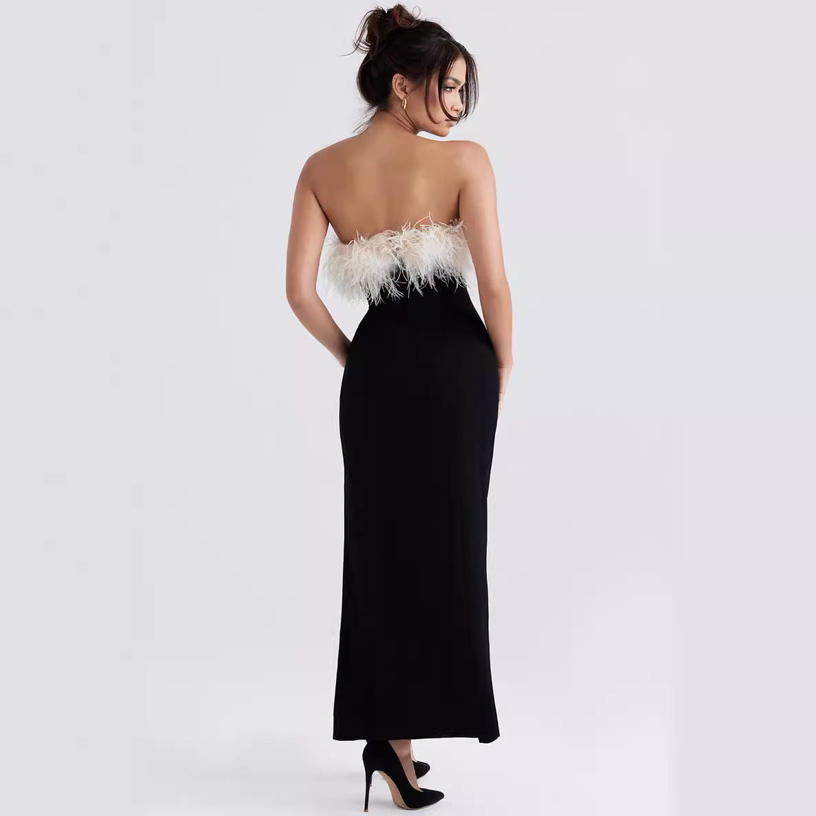 American Off-shoulder Contrast Color Ostrich Hair Tube Top High Slit Bandage One-piece Dress