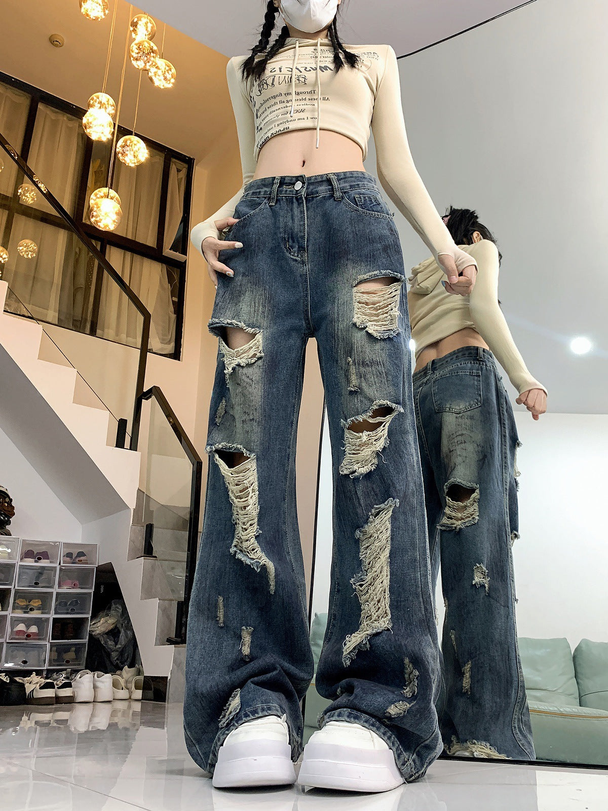 American Retro Ripped Lazy Loose Jeans For Women
