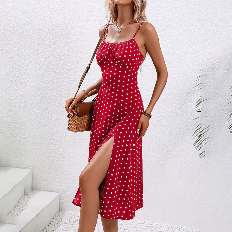 Summer Casual Boho Sundress Polka Dot Sleeveless Spaghetti Strap Backless Side Slit Dresses