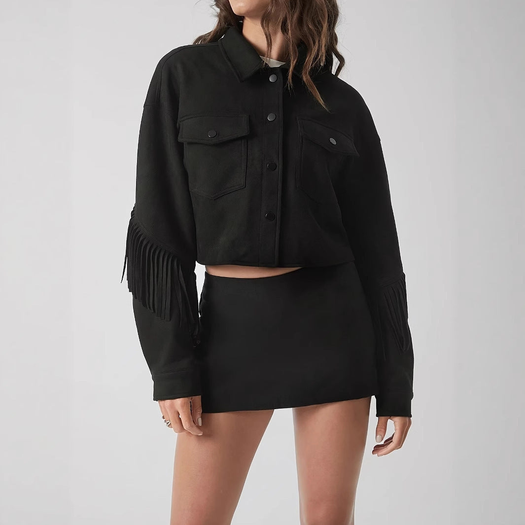 Solid Color Casual Fringe Decoration Long Sleeved Jacket