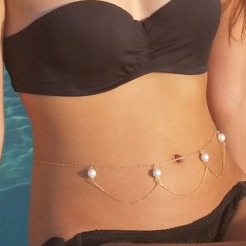 Elegant Pearl Dangle Belly Chain Pearl Double Layer Metal Waist Chain