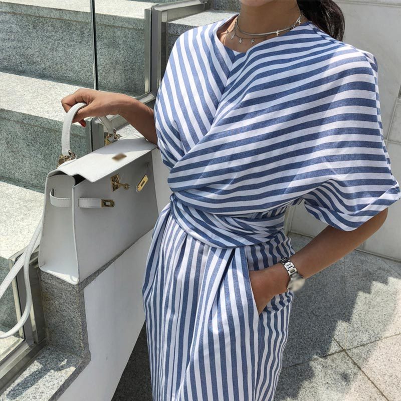 Striped cross-tie dress with front slit skirt for Women