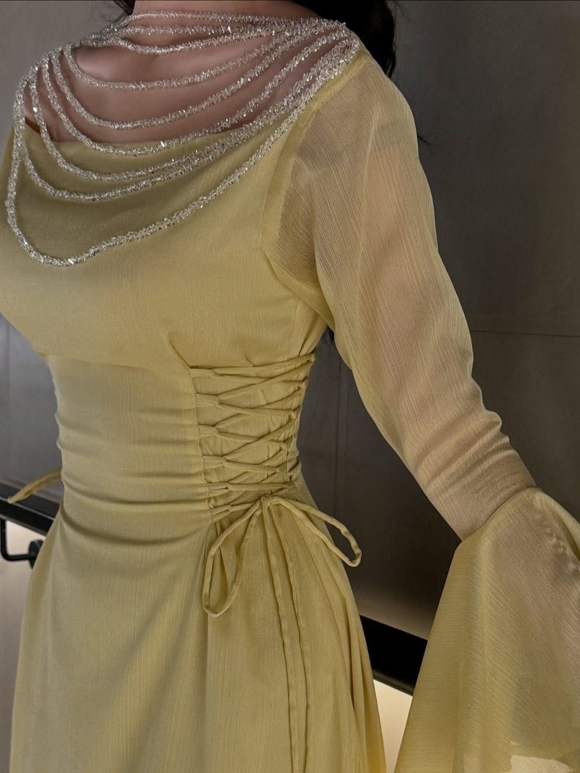 Elegant Yellow Pleated Belted Ruffled Sleeves Maxi Bodycon Dress