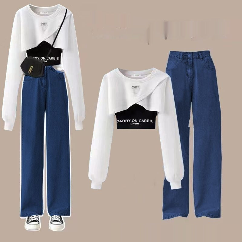 Autumn Suit Women's Wide-leg Pants Three-piece Sling Sweater Loose