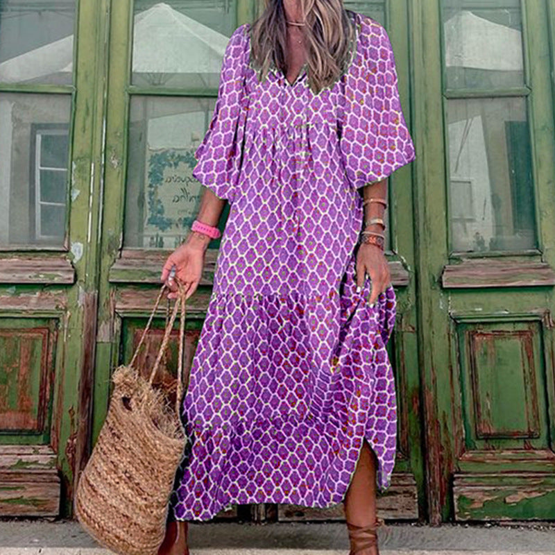 Summer Vintage Printed Bohemian Dress Elegant Ladies Casual Loose V-Neck Short Sleeve Long Dresses For Women's
