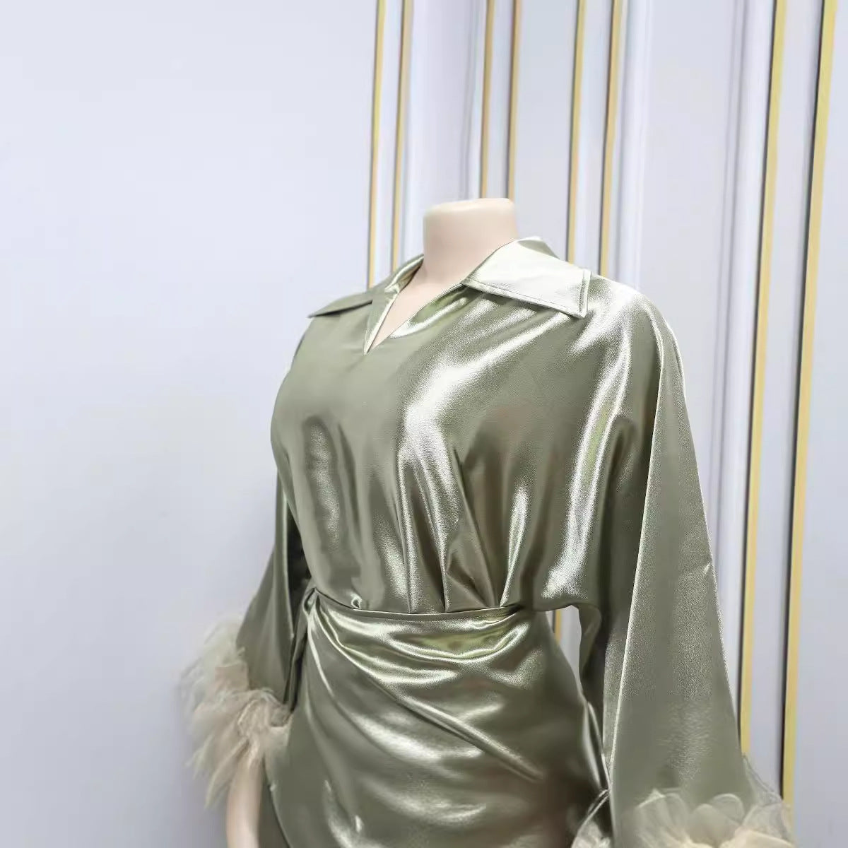 Luxurious Satin Dolman Sleeve Dress with Faux Feather Detail Muslim Feather Everyday Dress