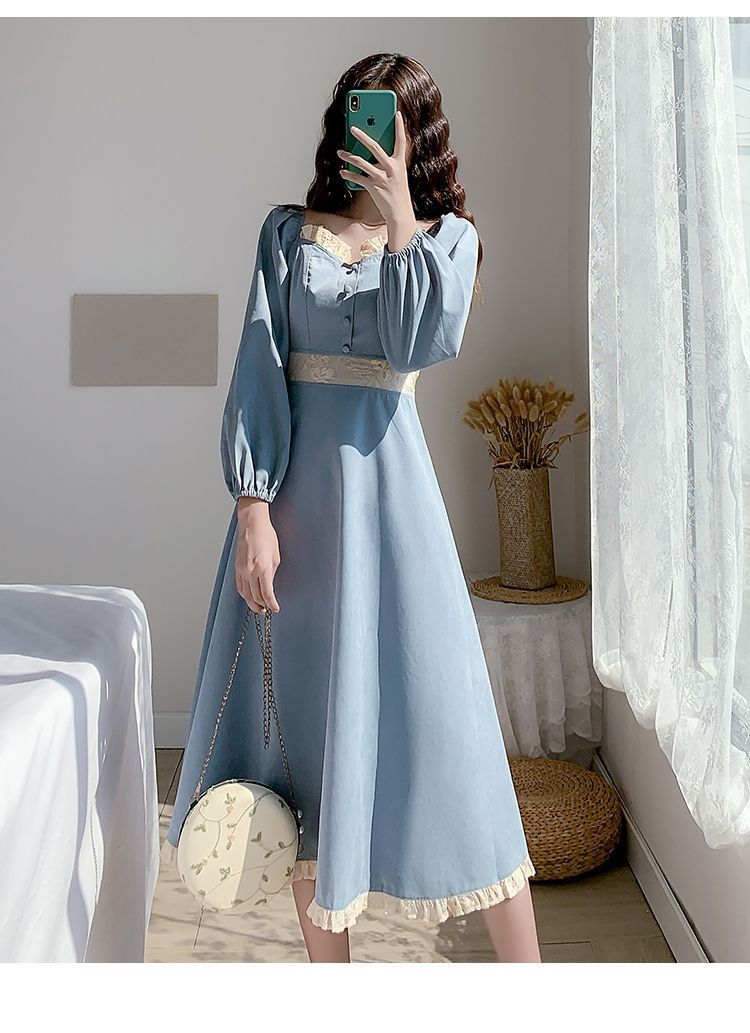 Elegant Vintage Style Long Sleeve Midi Dress French Retro Square Collar Dress
