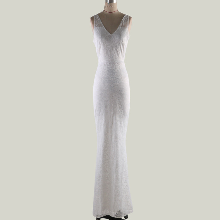 Deep V Sexy Lace Backless Sexy Party Dress Sleeveless White Trailing Dress