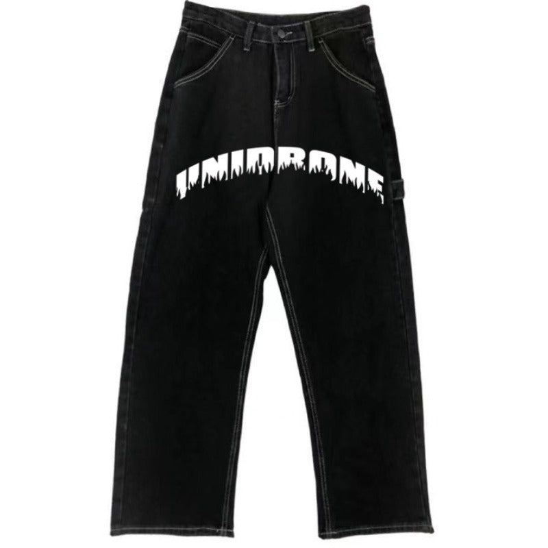 Unidrone Bolt Graphic Wide-Leg Jeans – Electric Street Energy Retro Love English Letters Loose Straight Mop Jeans For Men And Women