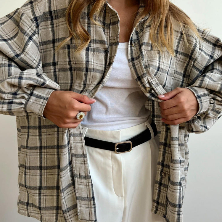 Retro Long Sleeve Pocket Plaid Boho Shirt For Women's