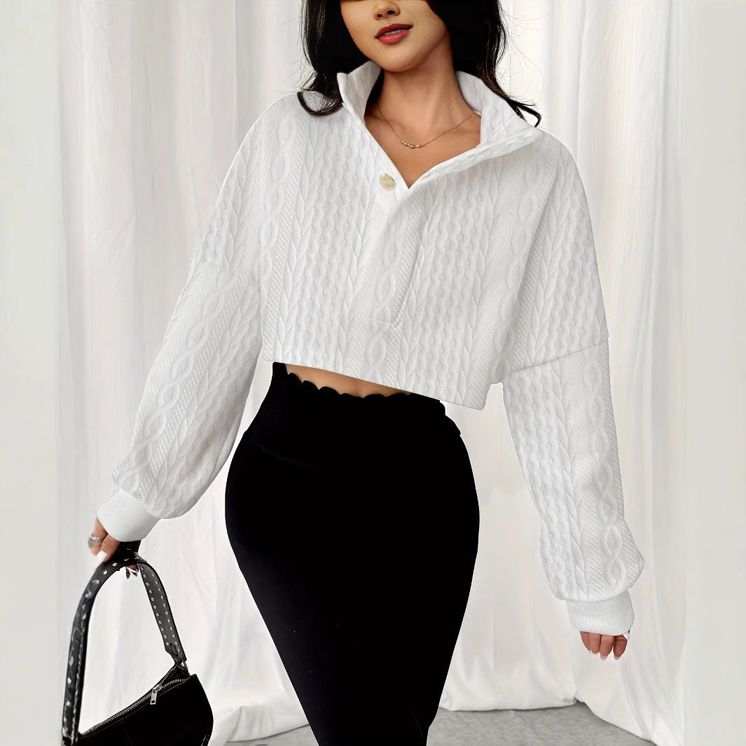 Solid Color Stand Up Collar Front Button Long Sleeved Textured Short Hoodie