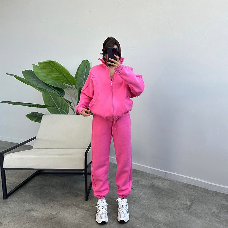 Cozy Core Fleece Set – Zip-Up Hoodie + Relaxed Joggers Sports Suits With Pockets Stand-up Collar Zipper Cardigan And Drawstring Trousers Fashion Jogger Set Outfits Tracksuits Women's Clothing