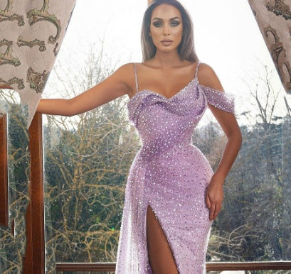 Elegant Lilac Shimmering Draped Evening Gown Irregular Spaghetti-strap Split Dress