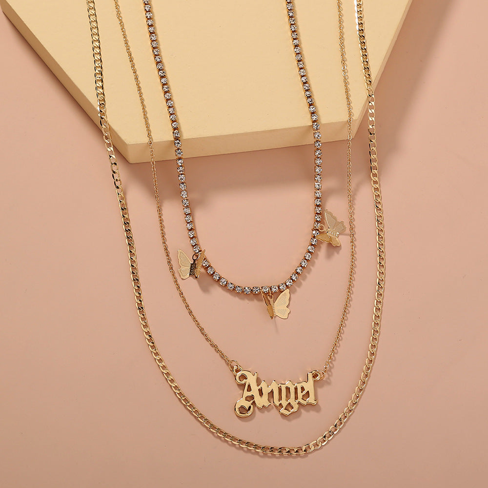 Layered "Angel" Pendant Necklace – Gold-Tone Statement with Butterflies Catch Chain Tassel Butterfly Letter Angel Multi-layer Temperament Necklace Accessories