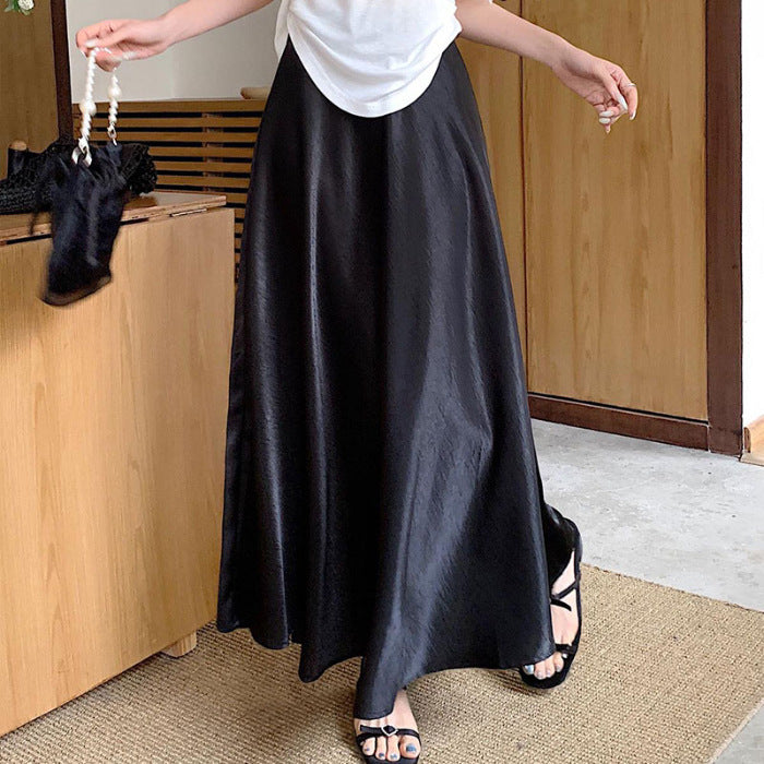 Casual All-match Acetate Satin Draped Solid Skirt