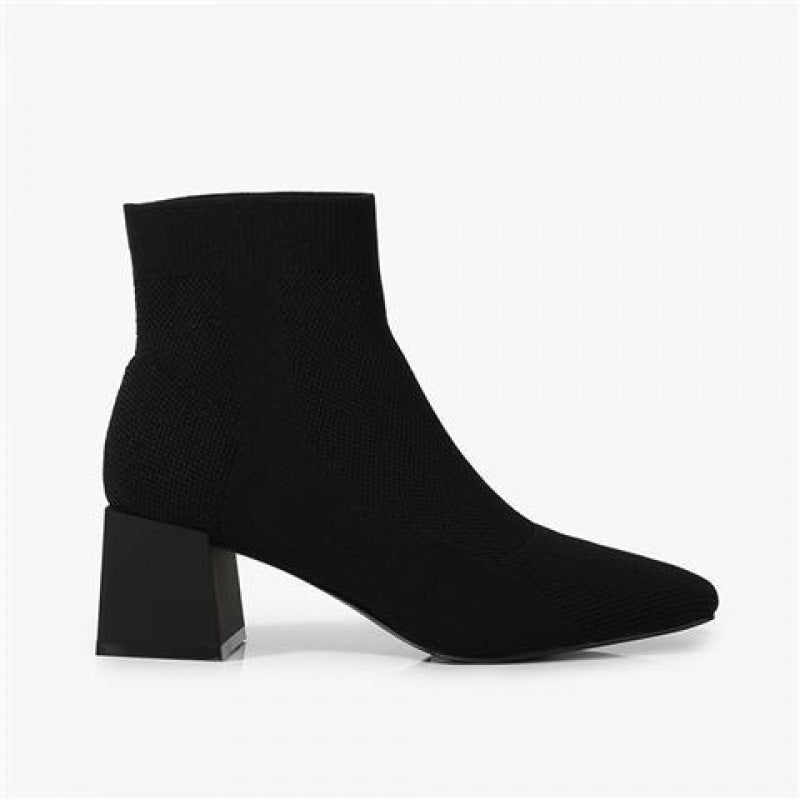 All-match Stretch Knitted High Heel Solid Color Chunky Heel Square Toe Boots Women