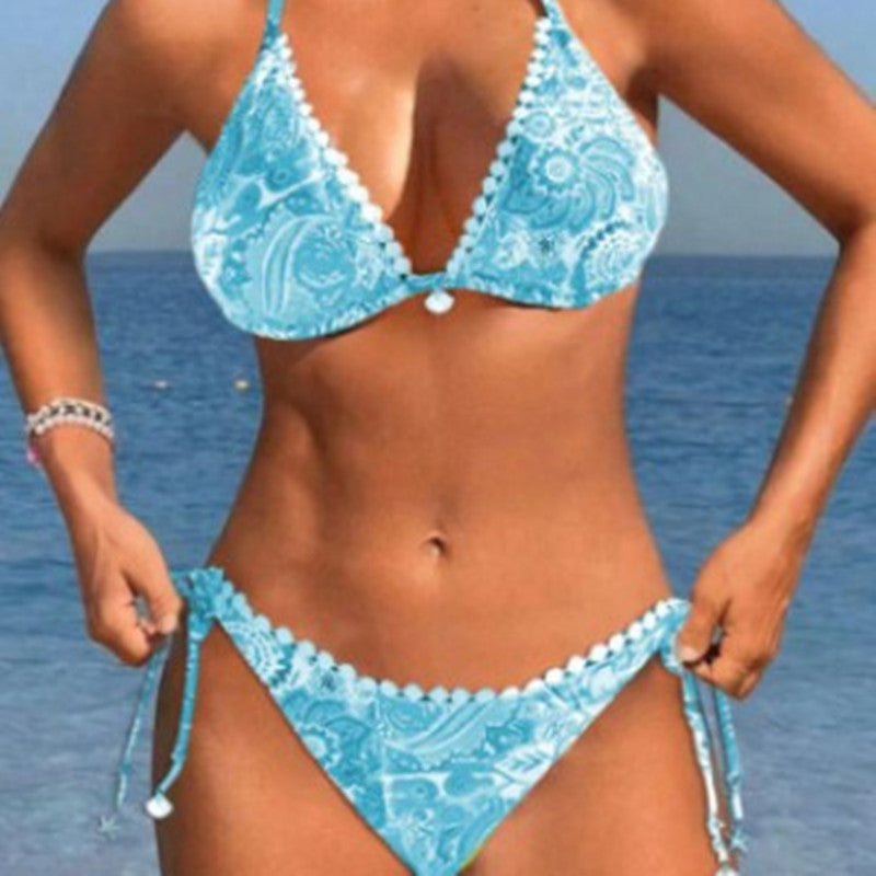 Boho Bliss – Vibrant Prints & Flirty Pom Pom Trim for the Ultimate Beach Look Women's Bikini Split Swimsuit Printed Tether