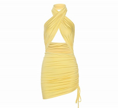 Bodycon Strappy Halter Club Dress with Front Cutout Solid Color Hanging Neck Sexy Backless Dresses