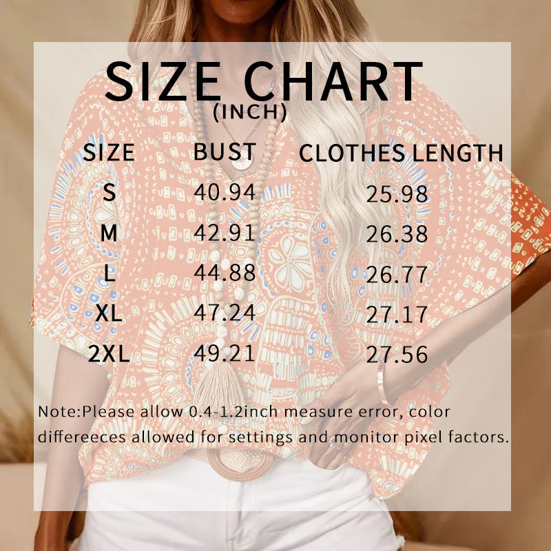 V-Neck Mandala Print Blouse Short Batwing Sleeve Casual Vacation Top