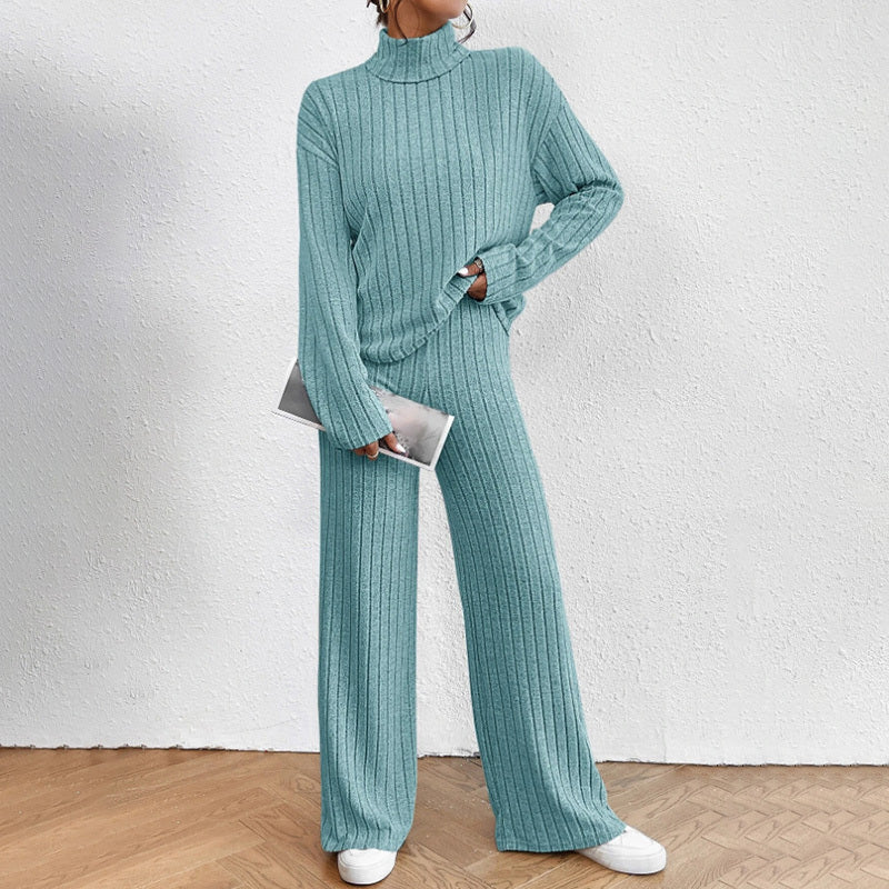 Solid Color 2-Piece Set High Neck Long Sleeve Top & Pants, Striped Loungewear