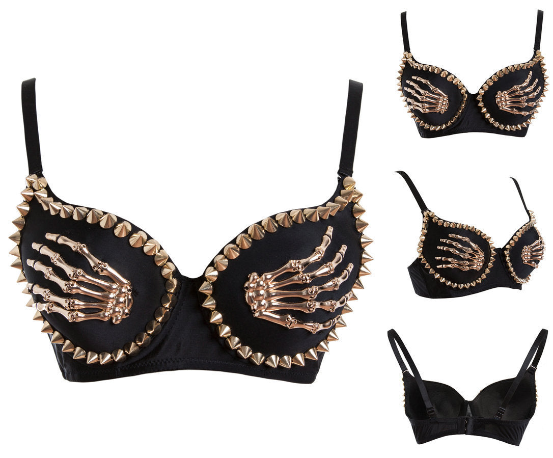 Embellished Skeleton Hand Bra - Goth & Punk Style Lingerie Top Women Nightclub Black Finger Bra