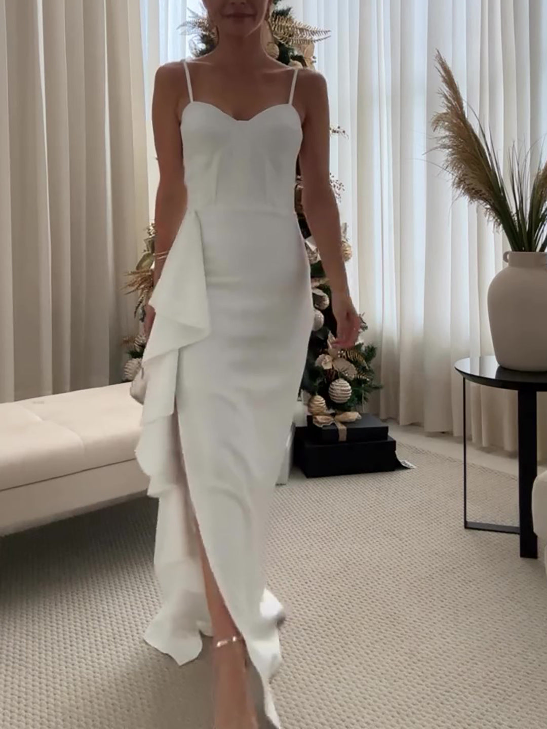 Elegant White Draped Detail Bodycon Gown with High Split White Ruffled Slit Suspender Dress