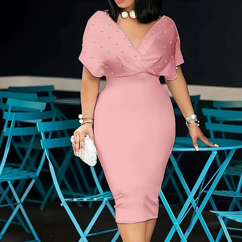 Elegant Deep V Neck Wrap Bodycon Dress Back Zipper Pencil Midi Dress