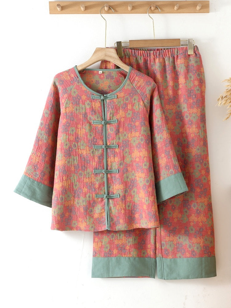 New Chinese Style Double Pure Cotton Gauze Pajamas For Women Spring Autumn Set