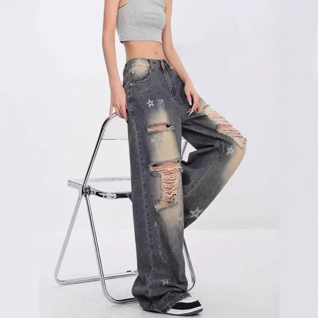 Star Patch Ripped Wide-Leg Jeans – Y2K Grunge Aesthetic Denim for Women High Street Loose American Retro XINGX Ripped Jeans For Women