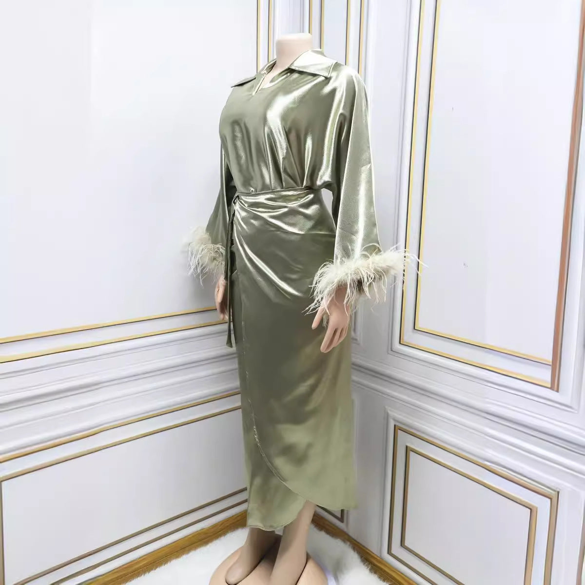 Luxurious Satin Dolman Sleeve Dress with Faux Feather Detail Muslim Feather Everyday Dress