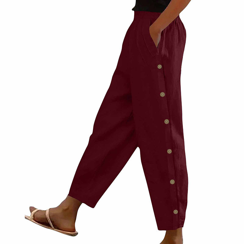 Casual Pants Elastic Waist Side Button Loose Fit Trousers With Pockets Women's