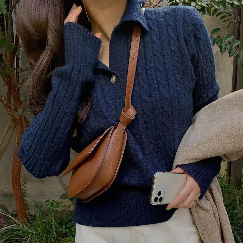 Autumn/Winter Cozy Collared Knit Top Women's Fashion Retro Knitted Sweater Top