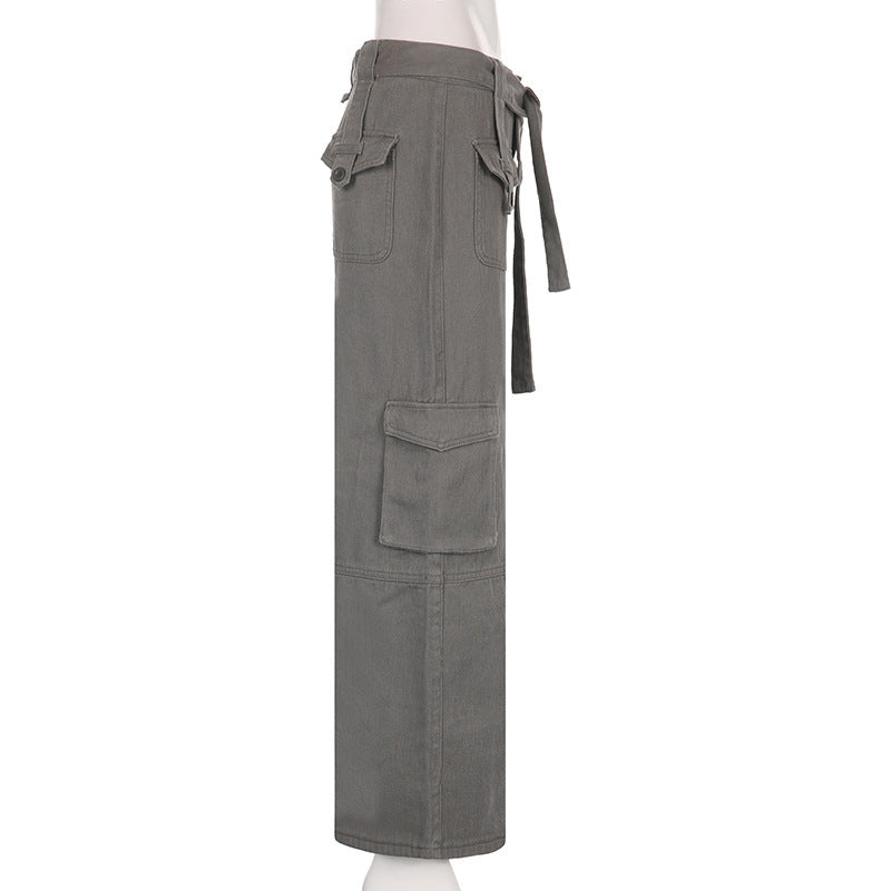 Tactical Chic – Where Street Meets Utility Vintage Multi Pocket Belt Casual Workwear Jeans Women