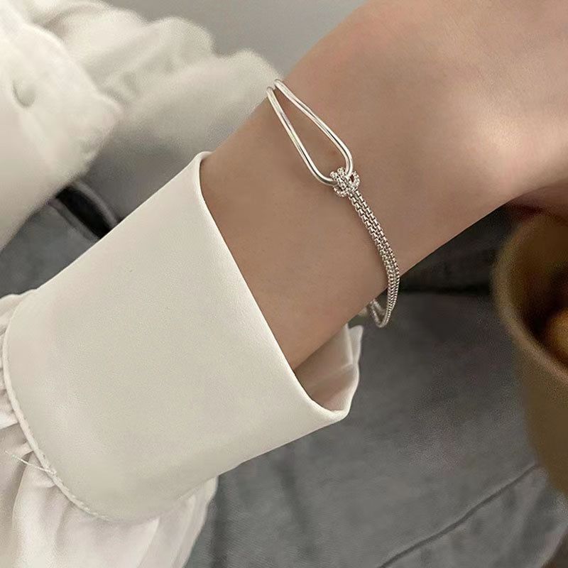Elegant Silver Knot Design Adjustable Bracelet Simple High-grade Knotted Double-layer Half Bracelet For Women