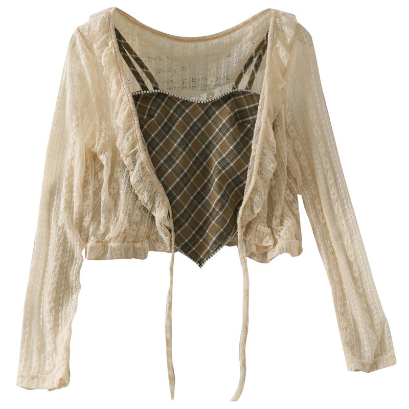 Short Bellyband Camisole Lace-up Ruffled Loose Lace Sunscreen Shirt