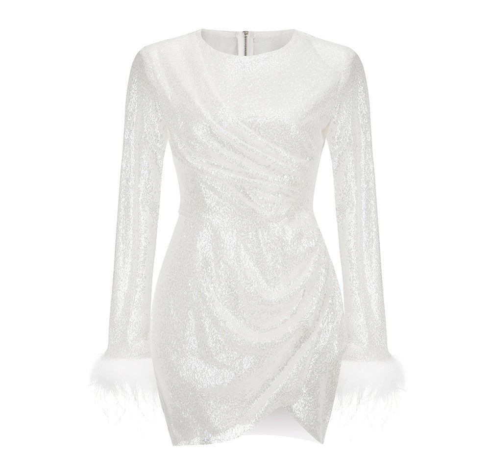 Sequined Cuff Decorative Feather Skirt Slim Fit Irregular Dress Women