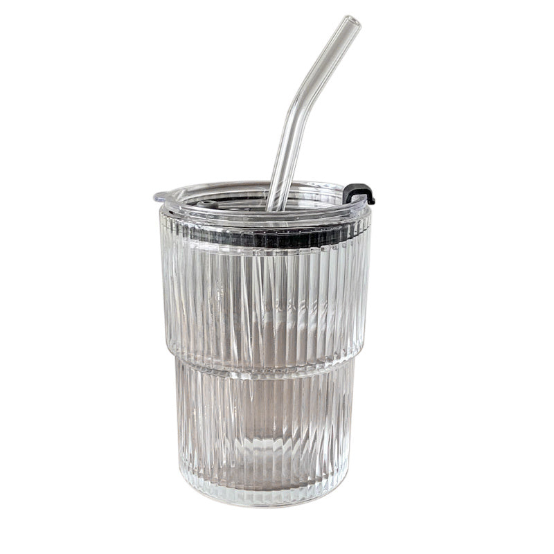 Aesthetic Striped Glass Cup for Cold Drinks Wind Stripe Coffee Mug With Straw With Lid Glass Handy Mug