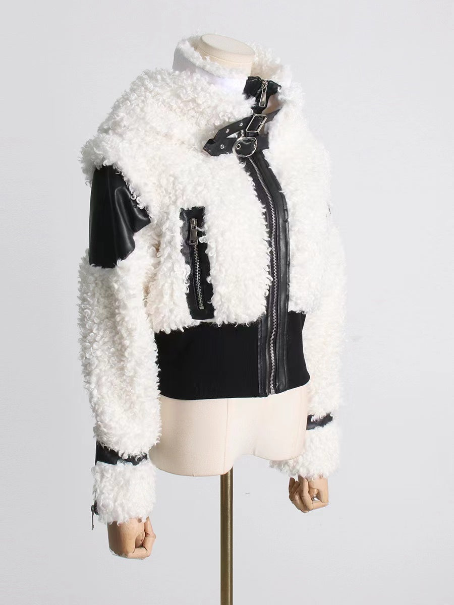 Lamb Wool Stitching PU Leather Zipper Jacket Women's