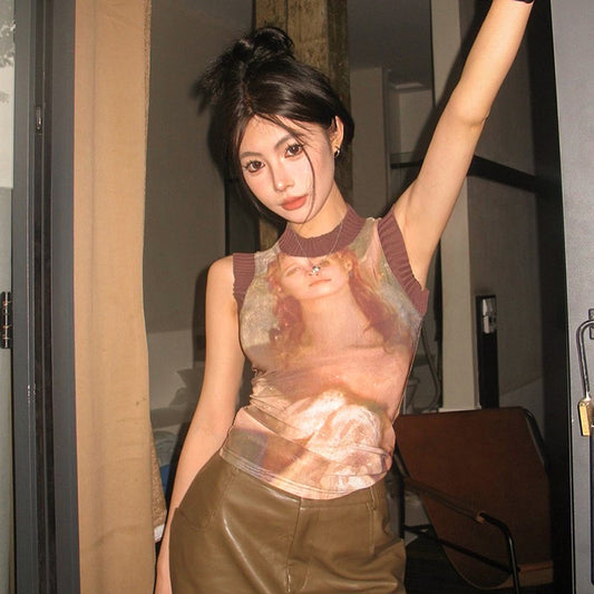 Trendy See-Through Graphic Print Sleeveless Top European And American Retro Printed Patchwork Round Neck Sleeveless Mesh Top