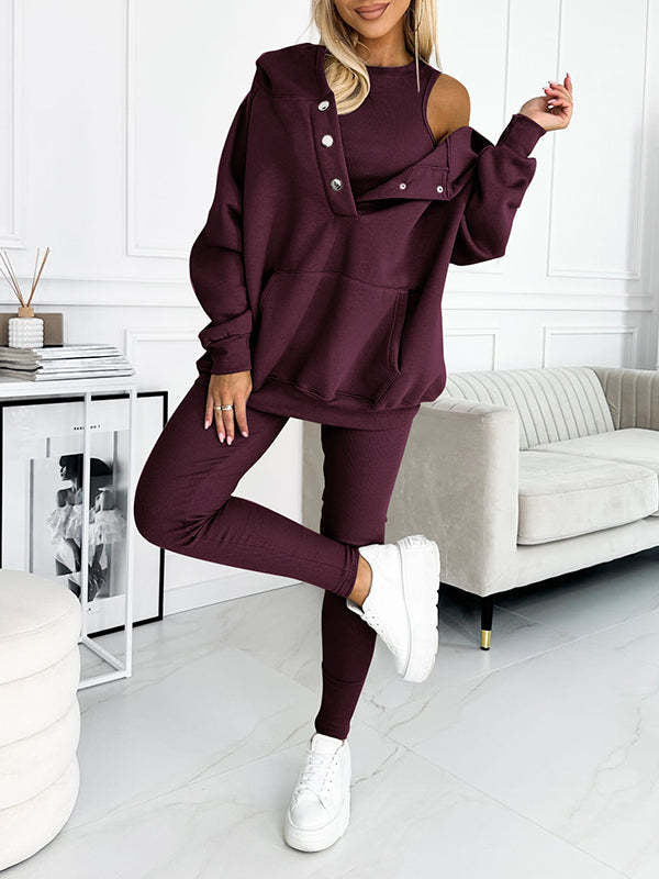 3-Piece Lounge Set – Cozy, Chic & Effortlessly Stylish For Women's Sports Suit Loose Hooded Pockets Sweatshirt And Vest And Slim Trousers