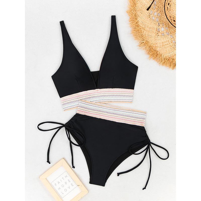 High Waisted Bikini Sets Two Piece Tummy Control Swimsuit Color Block Bathing Suits