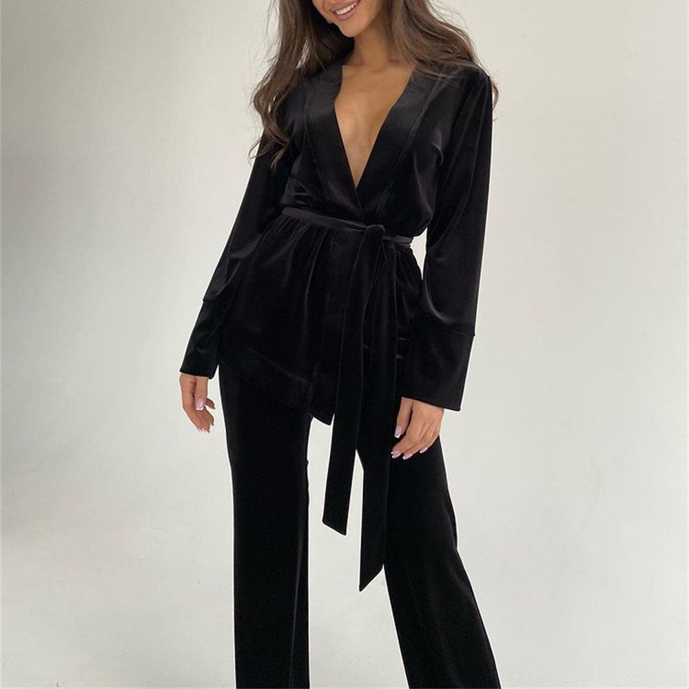 Luxury Satin Pantsuit Set – Elegant Blazer & Wide-Leg Trousers in Emerald Green and Black Satin Casual Two Piece Satin Loose Cardigan Pajama Set