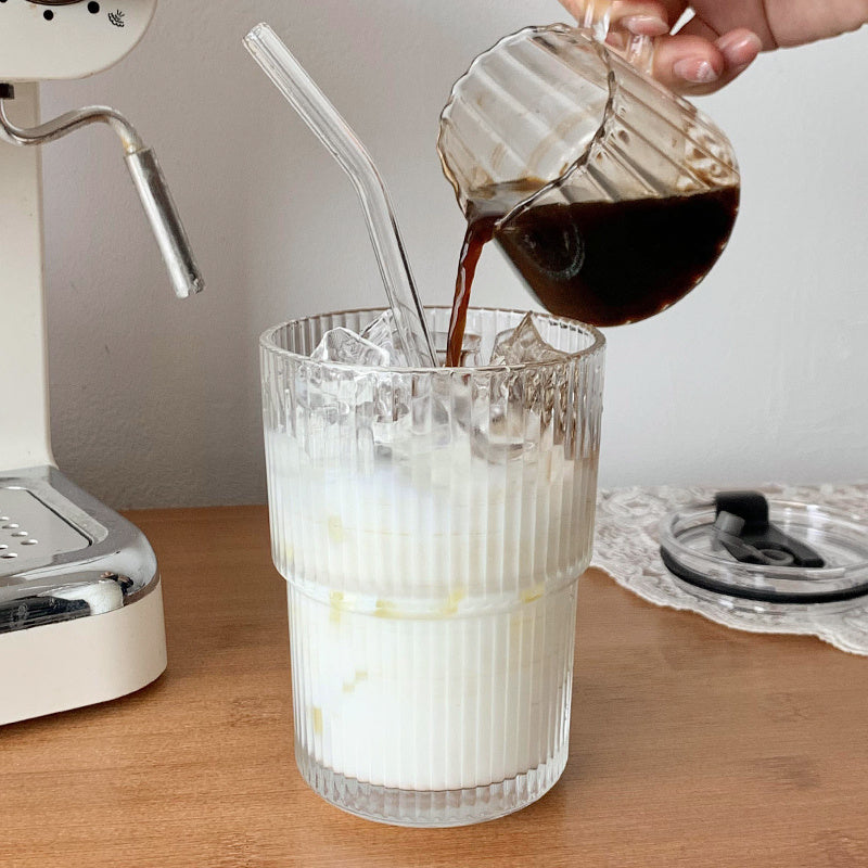 Aesthetic Striped Glass Cup for Cold Drinks Wind Stripe Coffee Mug With Straw With Lid Glass Handy Mug