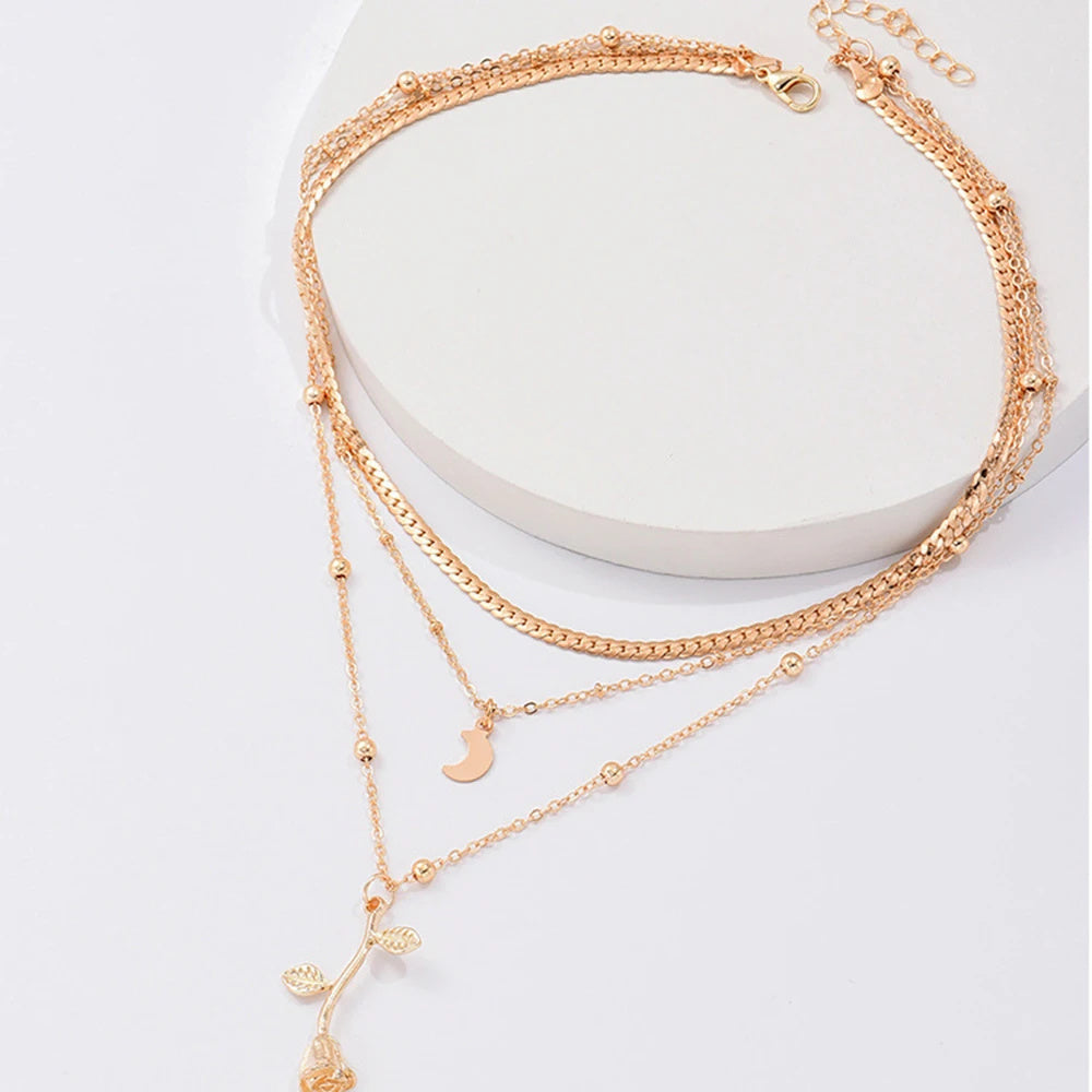 Bohemia Multilayer Moon Gold Color Pendant Necklaces For Women Rose Flower Choker Necklace