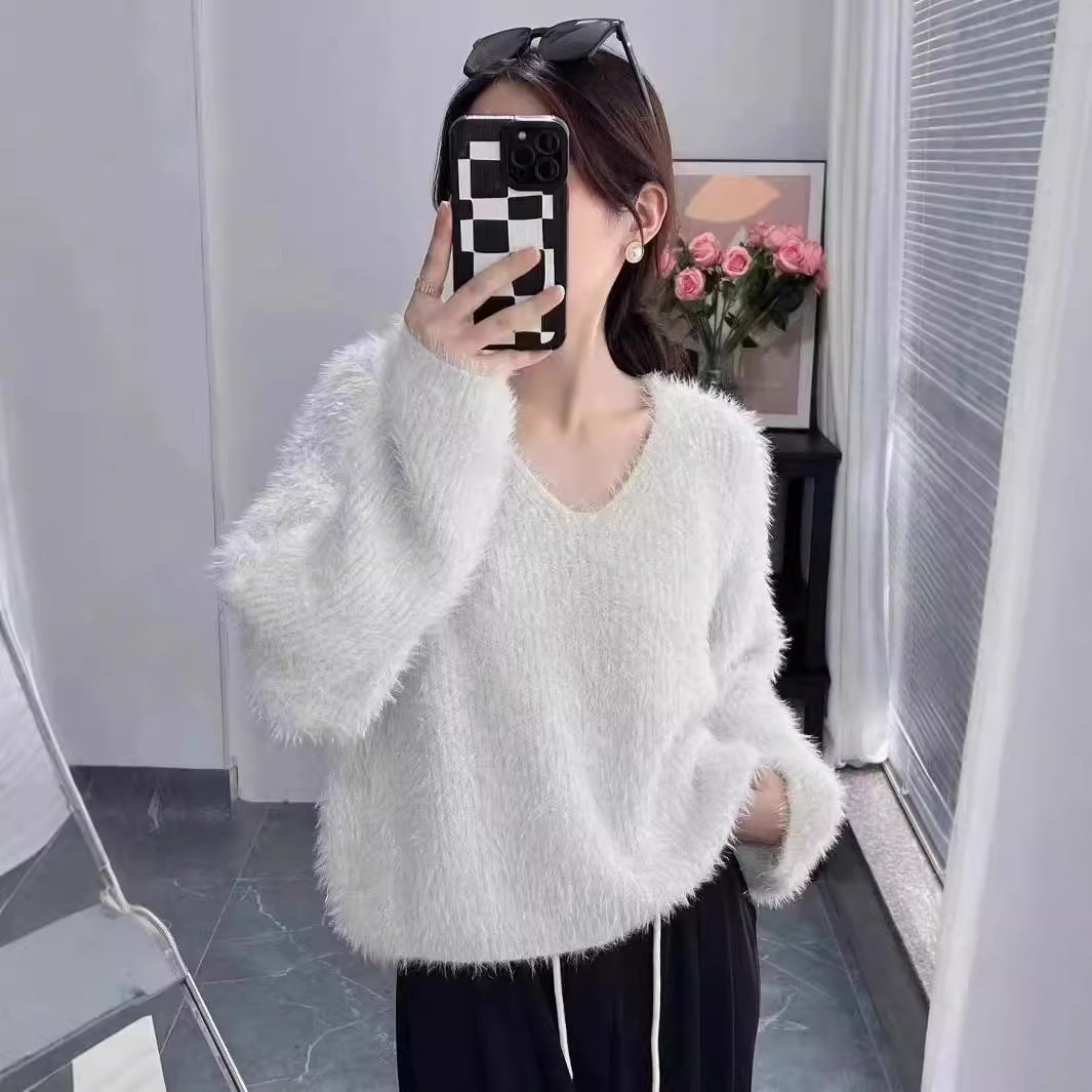 Soft Fluffy Sweater - Multi-Color Options Korean Style Simple V-neck Knitted Pullover Top