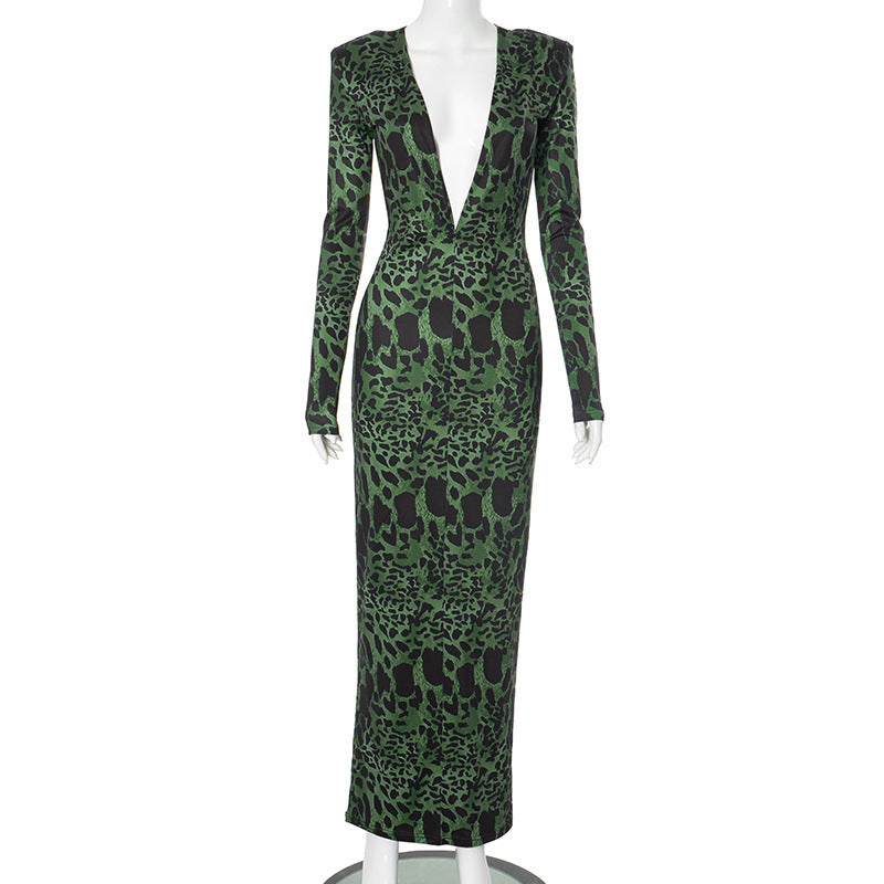 Sexy High-Open Spot Print Deep V Long Bodycon Dress