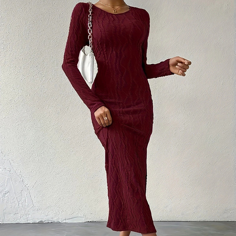 Crew Neck Long Sleeve Ribbed Dress Side Slit Knit Bodycon Midi Dress Women's